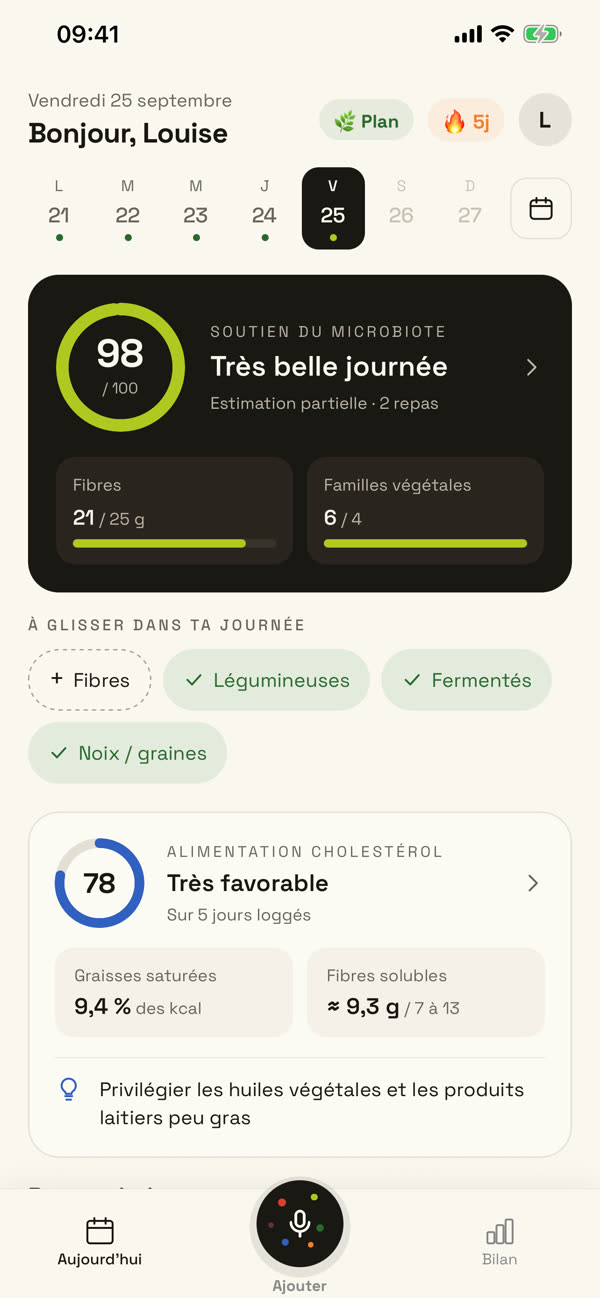 Écran d’accueil de Micro : score de soutien du microbiote de la journée, fibres et familles végétales
